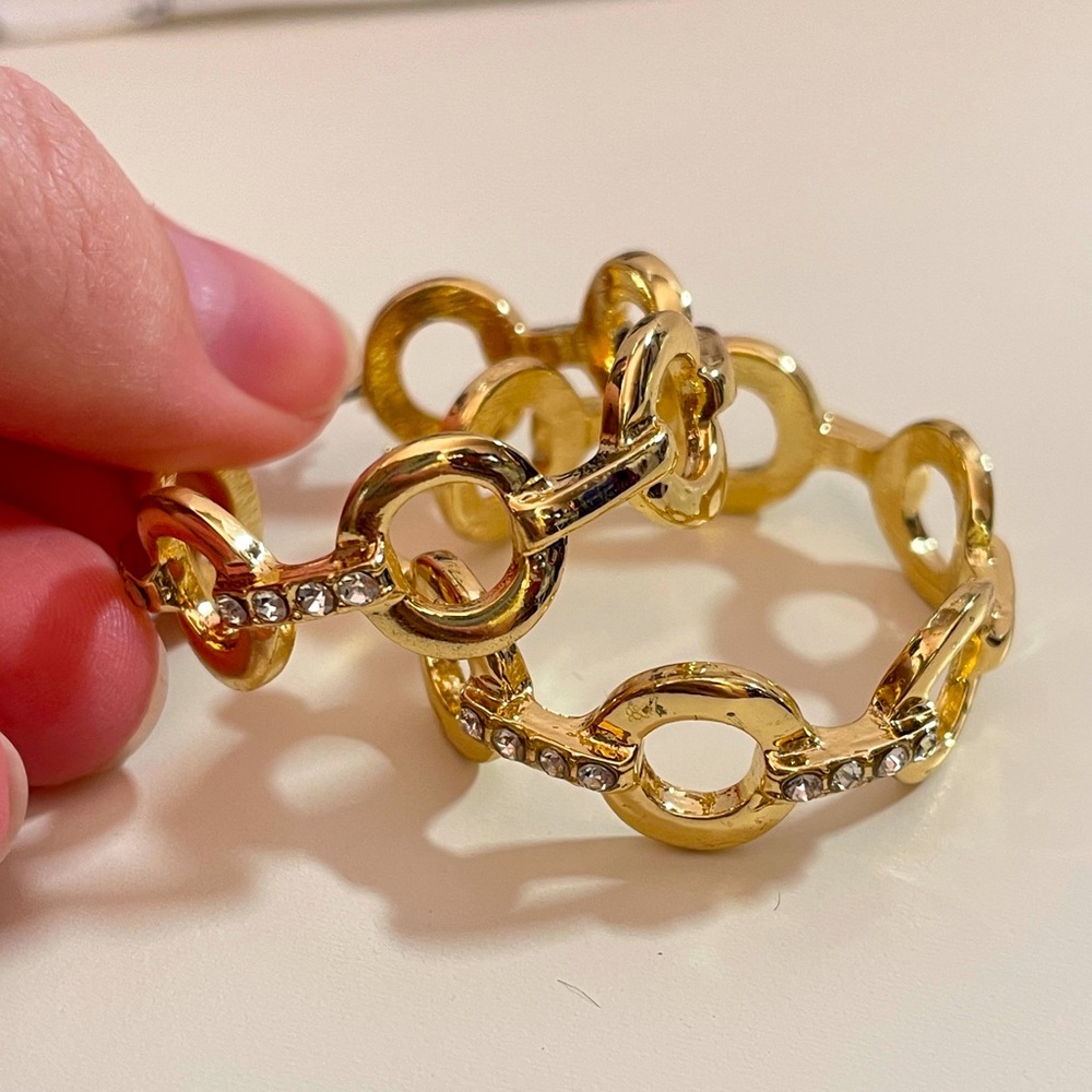 Vintage Metallic Gold Tone Rhinestone Streetwear Chain Link Disco Hoop Earrings